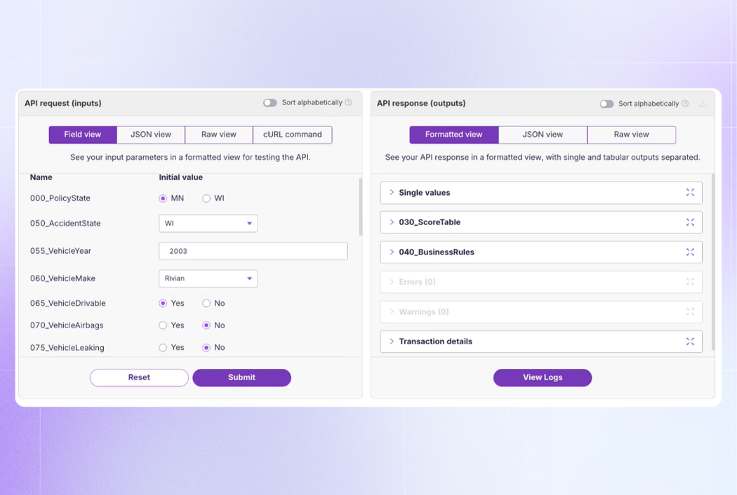 Inputs and Outputs Field View - Auto Vehicle - Claims Reserving Use Case